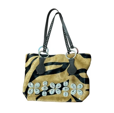 Bolso de hombro Raviani marrón piel de becerro cebra cuero cristales estilo y2k Foto 1 de 4