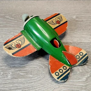 1930s Marx Sky Hawk Stunt Plane Tin with Cardboard Wings & White Rubber Wheels - Picture 1 of 14