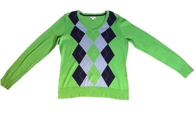 Izod Women’s Pullover Sweater Green Blue Argyle V-Neck Long Sleeve Size Large - Image 1 of 4