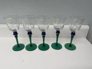 Bicchiere da vino vintage italiano Murano soffiato a mano, blu e verde, set di 5 - Foto 1 di 10