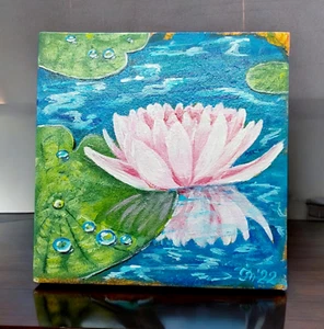Pintura Acrílica Original Feng Shui Loto Regalo Pequeño Arte Hecho a Mano Arte de Pared ÚNICO EN SU CLASE - Imagen 1 de 8