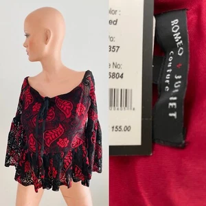 NWT $155 ROMEO & JULIET COUTURE Bohemian Black and Red Lace Peasant Top S - Picture 1 of 11
