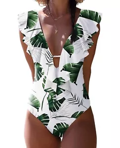 SPORLIKE Women One Piece Swimsuit VNeck Ruffle Bathing Suit Padded Monokini XL - Picture 1 of 6