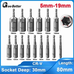 Extra Deep Hex Nut Driver Bit Socket Impact Drill Bits 1/4" Hex Shank 5mm-19mm - Picture 1 of 37