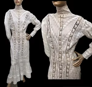 VESTIDO DE CÉSPED VINTAGE 1900 "EDAD DE LA INOCENCIA" Ojales y Rosas Crochet Irlandesas Cinta Encaje - Imagen 1 de 15