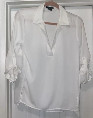Camisa túnica blanca con cuello blanco, blusa pulóver con mangas enrollables, talla S Foto 1 de 4