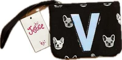 Justice for Girls Black Initial Pug Wristlet Wallet "V" NWT!~ Christmas! - Image 1 of 2