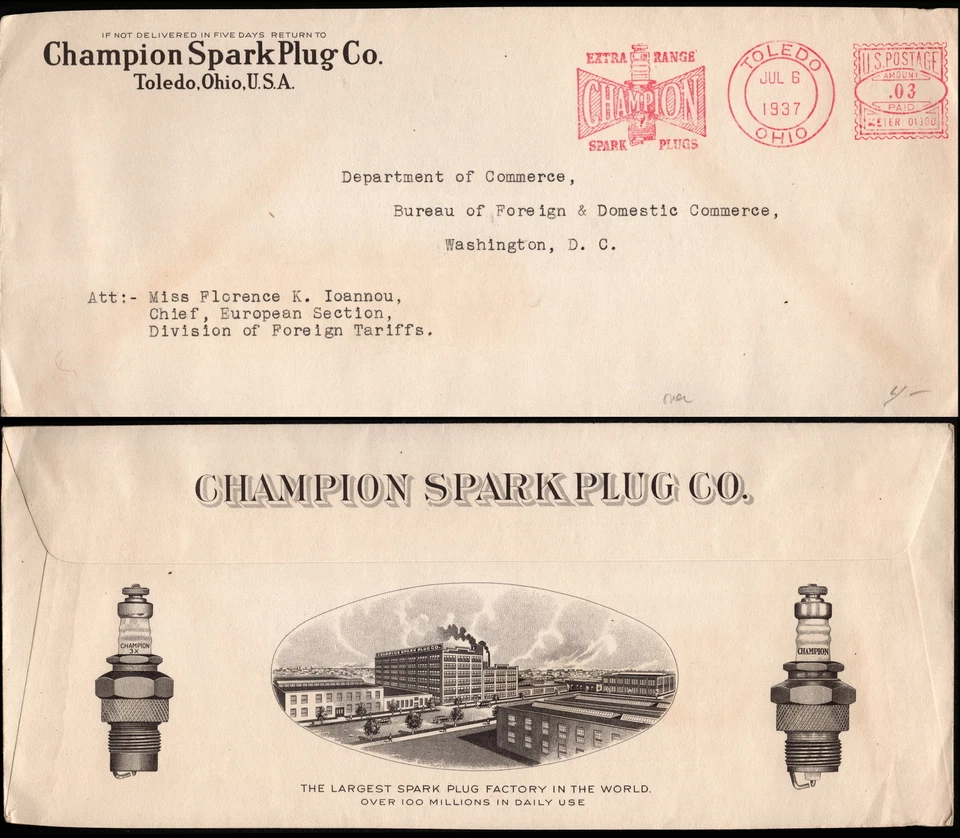 US Illustrated Advertising Cover - 1937 - Champion Spark Plug Company Factory - Image 1 of 1