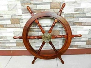 Brass Finishing Wooden Steering Ship Wheel Pirate Vintage Wall Boat Décor 24" - Picture 1 of 3