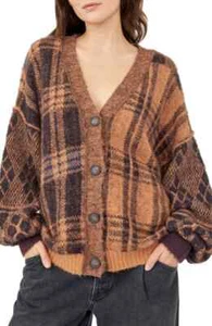 UVP 168 $ Free People Sepia karierter Oversize-Cardigan in Birkenholz-Kombi Größe M - Bild 1 von 1