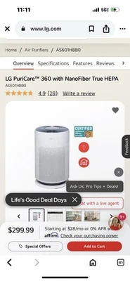 LG PuriCare 360 Air Purifier, 2059 SqFt., True HEPA, Wi-Fi, Air Quality Monitor. - Image 1 of 2
