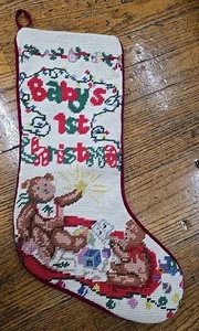 Vintage Wolle Nadelspitze Wandteppich Feiertag Strumpf Babys 1. erste Weihnachten - Bild 1 von 4