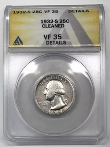1932 S Silver Washington Quarter ANACS VF-35 Details (cleaned) - Picture 1 of 5