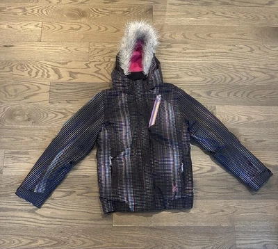 Chaqueta Spyder Niñas Lola Talla 18 Negra Estampado Prisma Invierno Abrigo Piel Capucha Esquí Foto 1 de 4