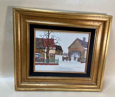 Vintage Original H. Hargrove Oil Painting Wheelwright Winter Scene Framed 14x16 - Image 1 of 4