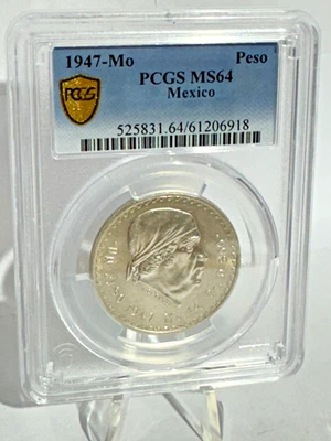 1947-Mo México Morelas 1 Peso, Classificação MS64 por PCGS, 14gm 0,2251 oz Prata (Ag) - Imagem 1 de 4