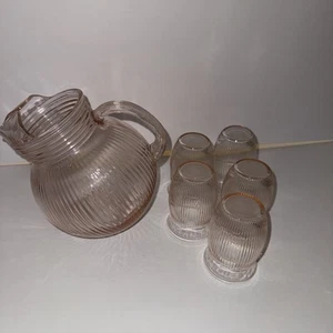 Hazel Atlas Pink Depression Glass Fine Ribbed Tilt Ball 40oz Pitcher & 5 glasses - Picture 1 of 15
