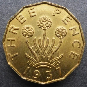 GREAT BRITAIN 1937 THREE PENCE 1st. JAHR GEORGE VI AUFFÄLLIG UNC KOSTENLOSER VERSAND!! - Bild 1 von 2