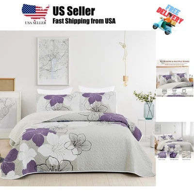 3 Pieces Quilt Set California King Purple Floral Pattern Quilt Coverlet Set E... - Image 1 of 4
