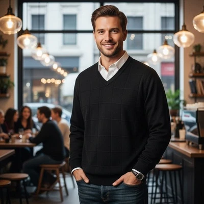 Via Europa Sweater Men's XL V-Neck Windowpane Preppy Pullover Minimalist Casual - Image 1 of 4