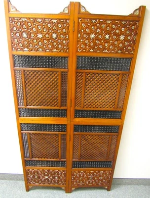 Vintage Hand Carved Wood Ornate Mother of Pearl  Inlay 2 Panel Room Divider  - Image 1 of 4