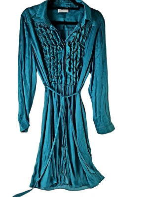 Mela Purdie Emerald Teal Green Ruffled Long Dress Size 8 Silky Feel Waist Tie - image 1 of 4