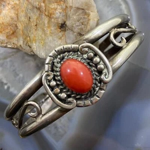 Vintage Native American Silver Oval Coral Decorated Bracelet For Women - Picture 1 of 10