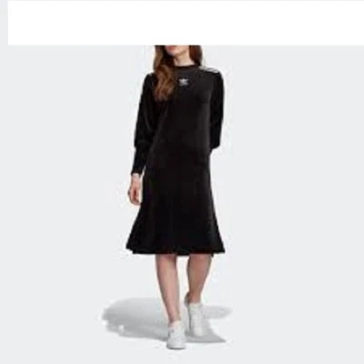 ADIDAS Sweater Dress Embroidered Trefoil Black Velour White 3 Stripe EJ9058 XL * - image 1 of 4