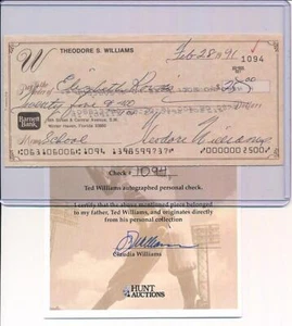Ted Williams Check Autograph Theodore Williams Signed COA by Claudia Williams - Picture 1 of 2