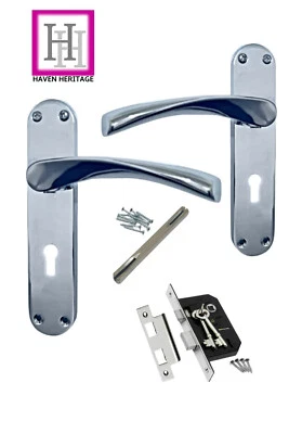 DOOR HANDLE POLISHED CHROME LOCK MODERN INTERIOR - ARCHED HANDLES + LOCK & KEYS - Image 1 of 4