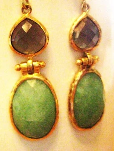 Vtage pierced Earring Dangle faceted Jade & Amethyst Gems 14K Gold plated 1 3/4" - Picture 1 of 4