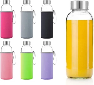 Glass Water Bottles 6 Pack With Sleeves and Stainless Steel Lids - 18oz Size ... - Picture 1 of 8