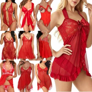 Womens Nightgown Sexy Lingerie Red Babydoll Lace Dress Nightgown Sleepwear Set - Picture 1 of 93