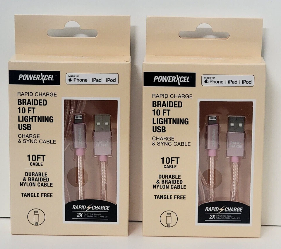 2 pk PowerXcel Rapid Charge Braided USB Charge & Sync Cable, Rose Gold, 10 Ft - Image 1 of 2