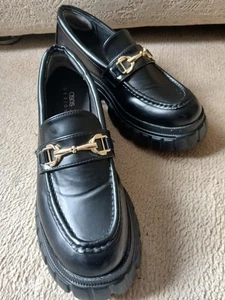 ASOS Size 6 Chunky Black Faux Leather Loafers Cleated Platform Sole - Picture 1 of 19
