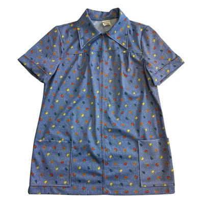 70s Vintage JCPenney Blue Floral Smock Chore Shirt House Coat Women's Medium - Image 1 of 4