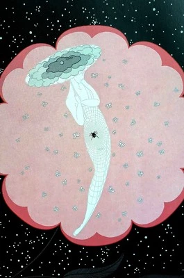 Erte 1987 MONTE CARLO TELA DE ARAÑA MARIPOSAS NUBE ROSA MATE impresión Art Deco Foto 1 de 4