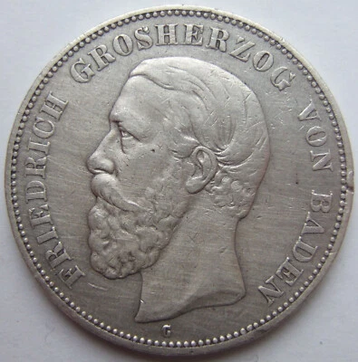 Moneda Imperio 5 marcos Friedrich Grosherzog por Bathe 1888 G IN Foto 1 de 2