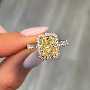 Yellow Diamond Ring IGI Fancy Vivid Radiant Cut 2.79 Ct Lab Grown 14K White Gold - Picture 1 of 12