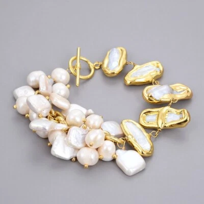 8'' Freshwater White Biwa Keshi Pearl Potato Pearl Chain Bracelet For Women - Image 1 of 4
