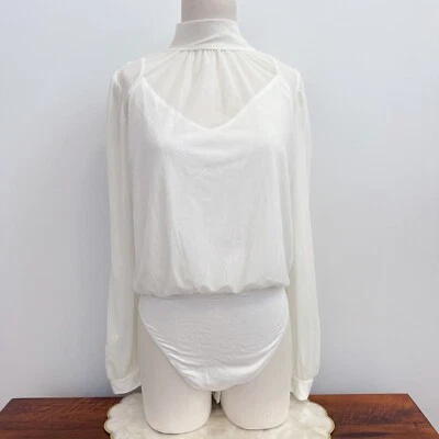 Traje corporal Forever 21 blanco manga larga malla cuello falso L nuevo con etiquetas Foto 1 de 4