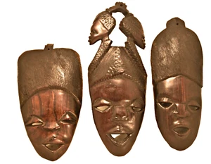 "Lote de 3 mini máscaras africanas de madera talladas a mano de colección aproximadamente 9""" - Imagen 1 de 2