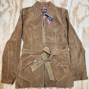 Genuine Leather Womens M Belted Mid Zip Up Jacket Pockets Suede Coat NWT - Picture 1 of 9