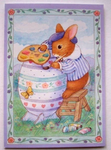 Rabbit paints egg glitter unsigned Easter greeting card *JJ17 - Picture 1 of 3