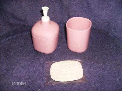 3 PC PINK SOAP PUMP DISPENSER 5-1/2" H   TUMBLER 4" H & SUCTION SOAP HOLDER NEW - Image 1 of 4