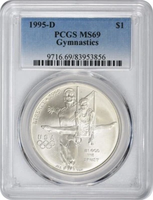1995-D Gymnastics Olympic Silver Commemorative Dollar MS69 PCGS Mint State 69 - Image 1 of 2