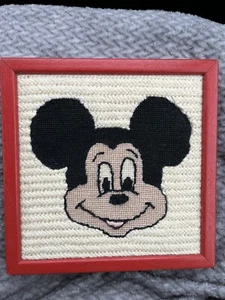 Vtg Collectible Cross Stitched Crewel Needlework Mickey Mouse Framed 9” - Picture 1 of 8