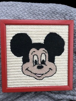 Vtg Collectible Cross Stitched Crewel Needlework Mickey Mouse Framed 9” - Image 1 of 4