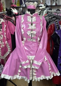 Misfitz rosa PVC & elfenbein Satin Vorhängeschloss abschließbar Sissy Maids Kleid, Größe 24 TV CD - Bild 1 von 10