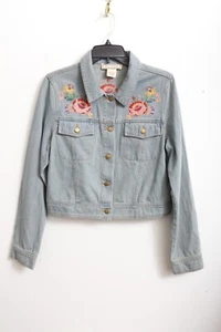 EUC L Women's Flying Tomato Floral Embroidered Denim Jacket - Picture 1 of 9